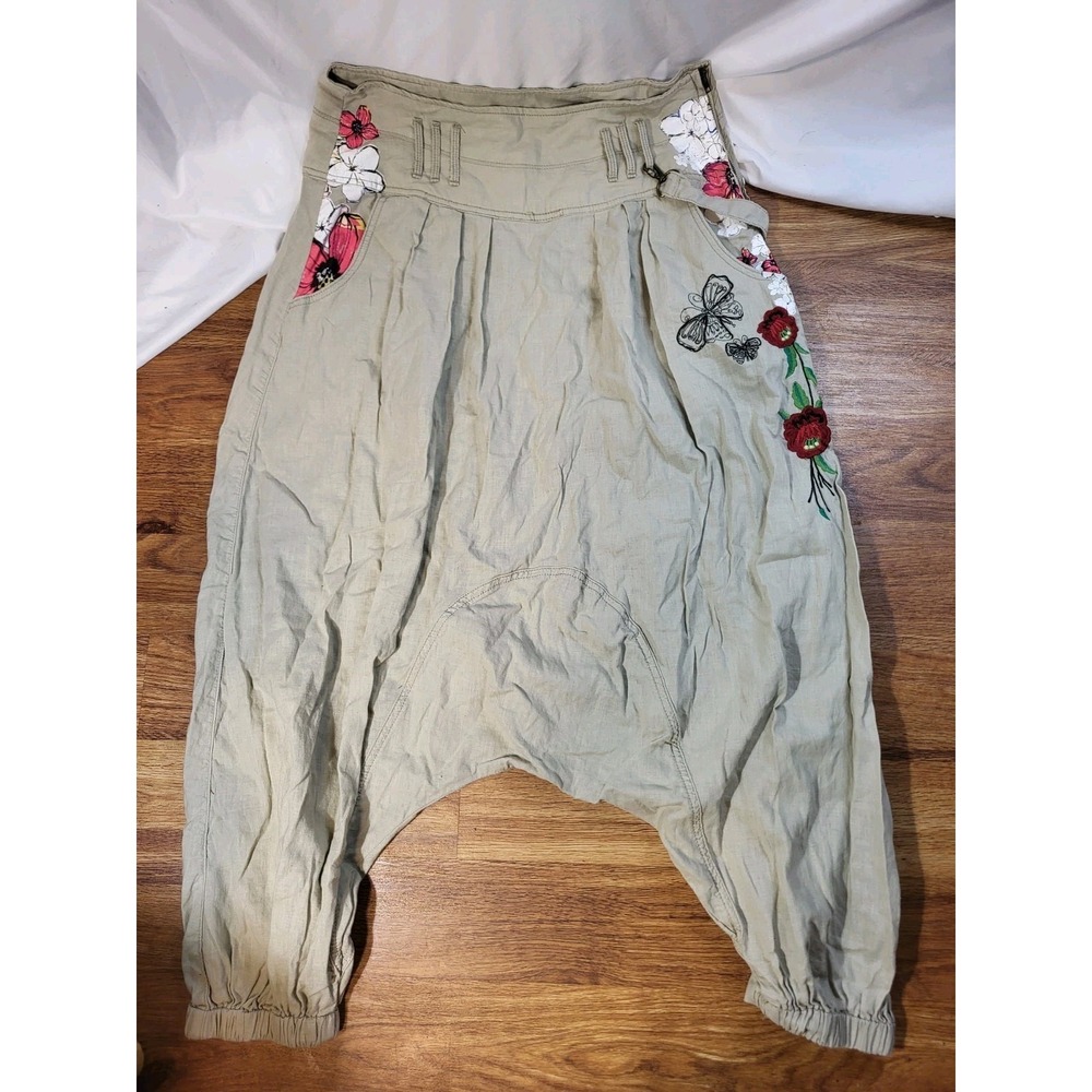 Desigual Womens Size 30 Beige Floral Embroidered Harem Pants Drop-Crotch